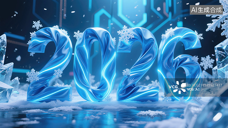 【AI数字艺术】未来感创意数字"2026"冰蓝丝绸创意冬季仙境抽象商业背景动漫风格能量马年新年目标展望会议杂志插画图片素材