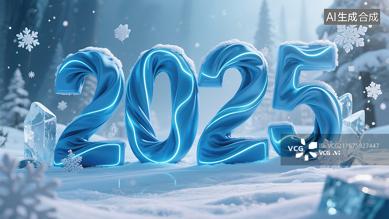 【AI数字艺术】未来冬季仙境蛇年新年冰蓝丝绸中的巨型"2025"抽象商业背景年会总结庆祝、杂志插图和科技活动动漫风格图片素材