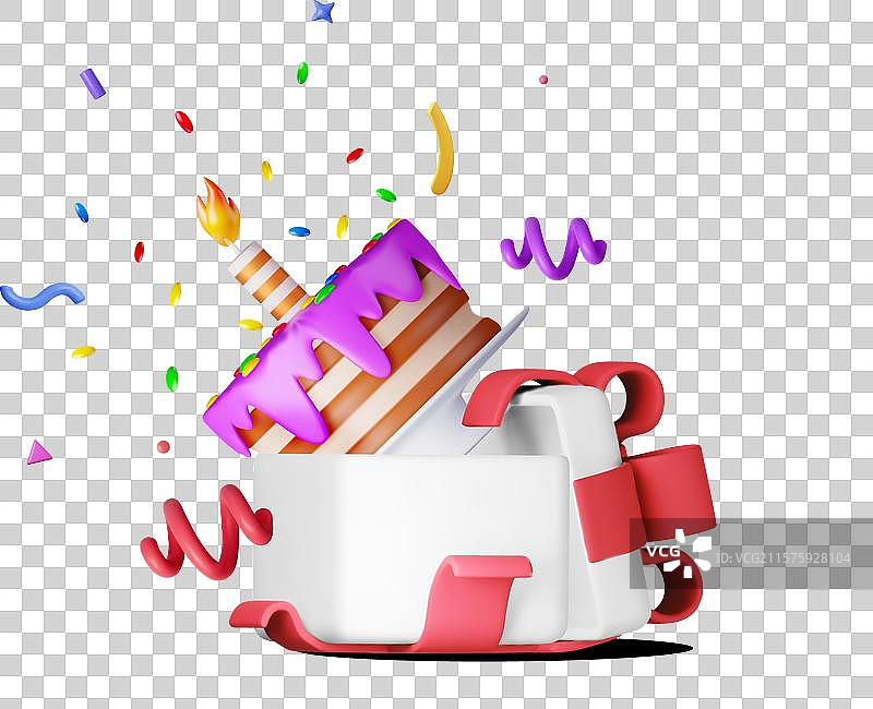 带蜡烛的3D蛋糕与礼品盒中的五彩纸屑图片素材