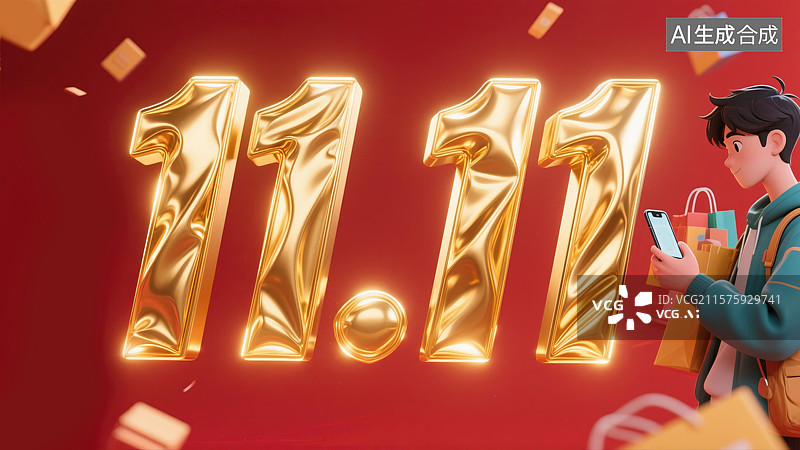 【AI数字艺术】金色创意数字"11.11"与卡通购物者数字购物节抽象商业背景电商线上购物双十一抢购活动金属感动漫风格图片素材