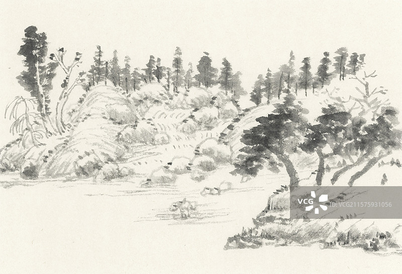 临清代画家山水水墨风景溪流树木插画图片素材