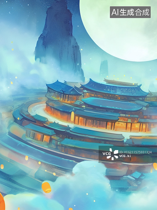 【AI数字艺术】中秋节元宵节十五月圆夜晚高挂夜空 圆形土楼式样古建筑仙山祥云天宫楼阁 点亮孔明灯天灯祈天灯祈福许愿图片素材
