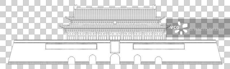 北京市中轴线城市地标建筑天安门城楼结构 中国画工笔画白描填色线稿创意文创贴纸免扣元素设计素材手绘插画图片素材