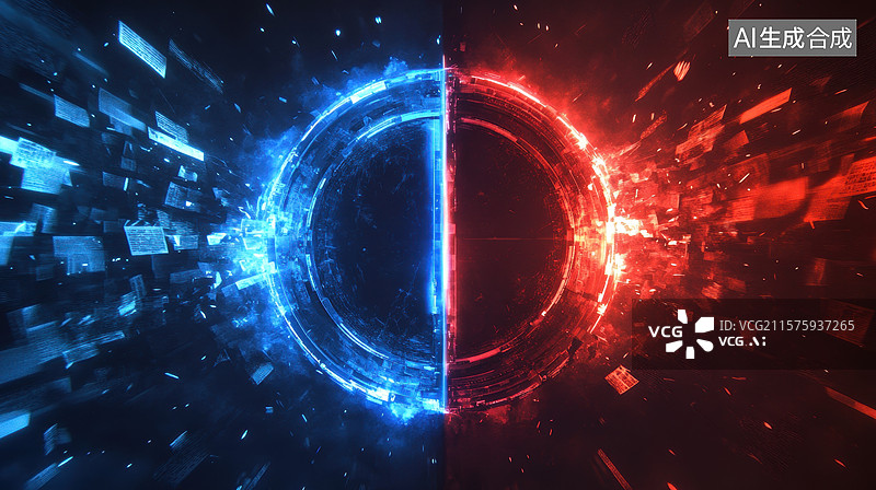【AI数字艺术】蓝红对立的圆形能量环图片素材