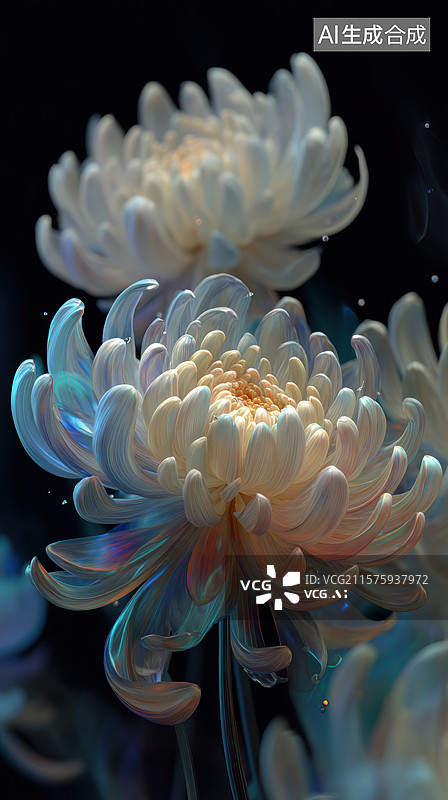 【AI数字艺术】梦幻般的白色菊花在黑暗背景中绽放图片素材