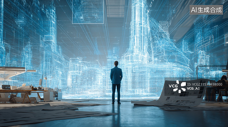 【AI数字艺术】未来城市蓝图前的思考者图片素材