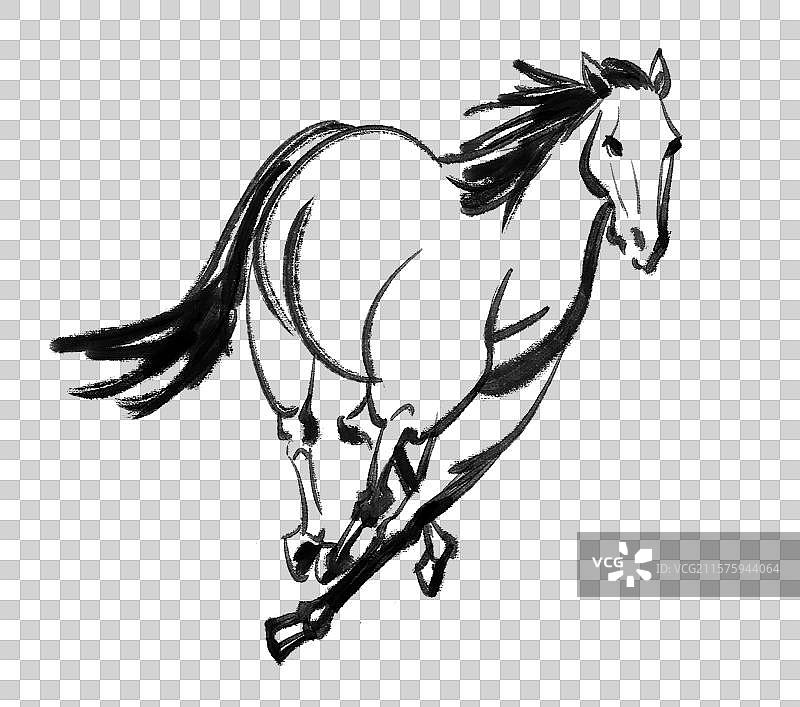 奔跑的马马年生肖水墨风格手绘插画元素图片素材