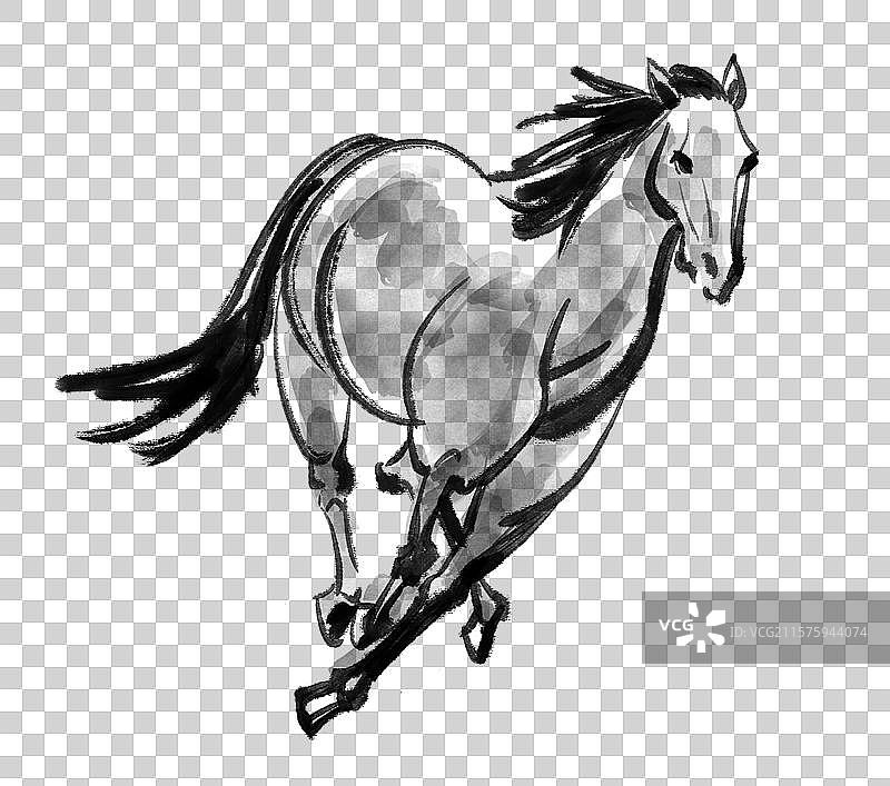 奔跑的马马年生肖水墨风格手绘插画元素图片素材