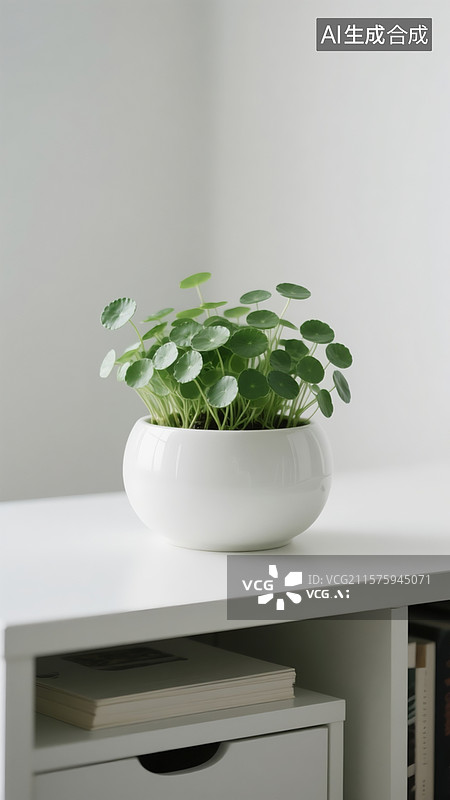 【AI数字艺术】极简主义，书桌上，一只圆圆的白色瓷缸里，一缸翠绿茂盛的铜钱草。图片素材