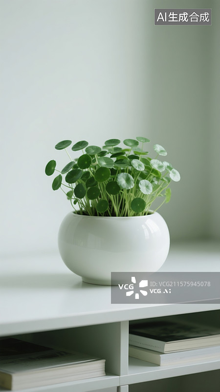 【AI数字艺术】极简主义，书桌上，一只圆圆的白色瓷缸里，一缸翠绿茂盛的铜钱草。图片素材