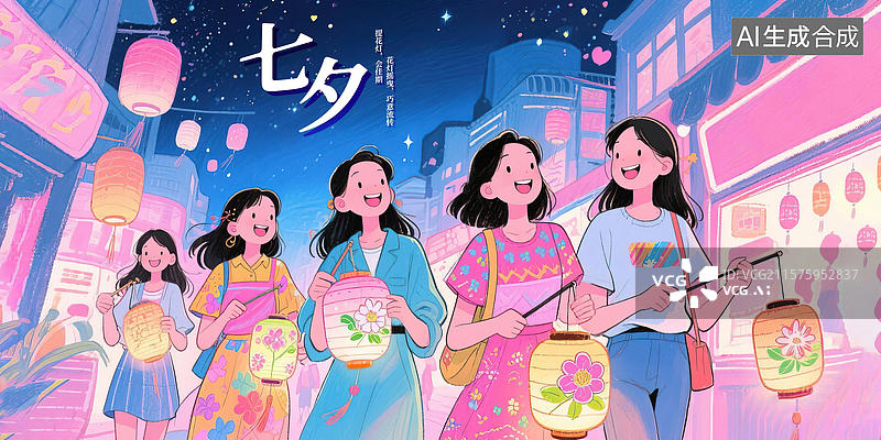 【AI数字艺术】七夕节乞巧活动新国风现代城市夜市市集店铺夜晚街道场景赏灯会女孩们开心快乐游玩购物彩铅水彩绘本插图绘画图片素材