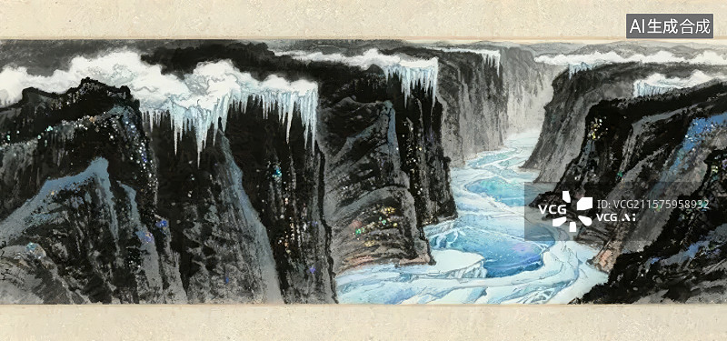 【AI数字艺术】峡谷冰瀑，流水蜿蜒图片素材