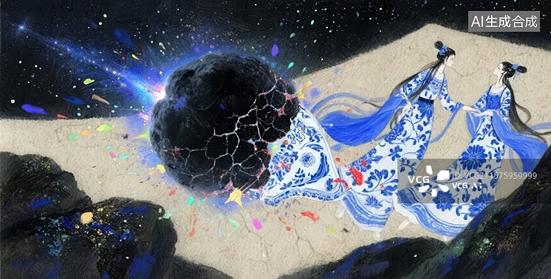 【AI数字艺术】青花瓷裙与星空爆炸的奇幻场景图片素材