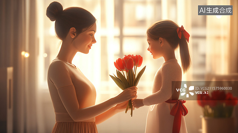 【AI数字艺术】母女温馨互动送花场景图片素材