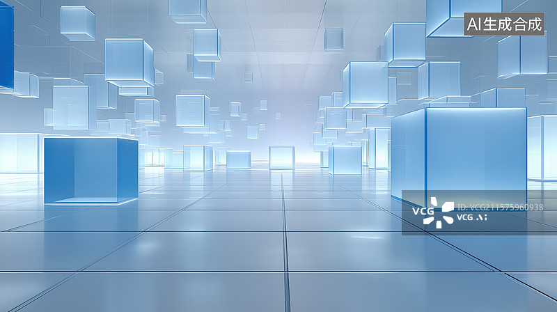 【AI数字艺术】蓝色立方体悬浮于现代空间图片素材