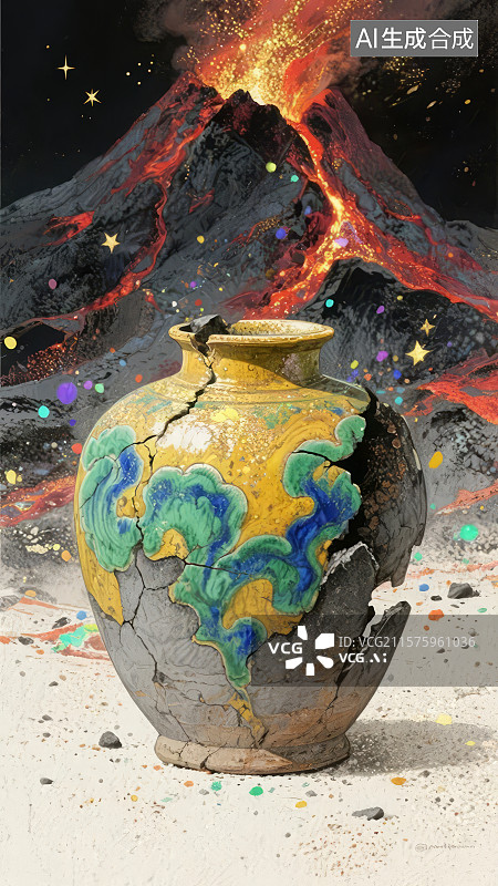 【AI数字艺术】裂纹陶罐与火山爆发的奇幻场景图片素材