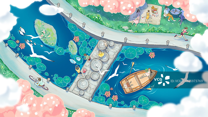 小清新户外生活场景小桥流水俯视视角插画。图片素材