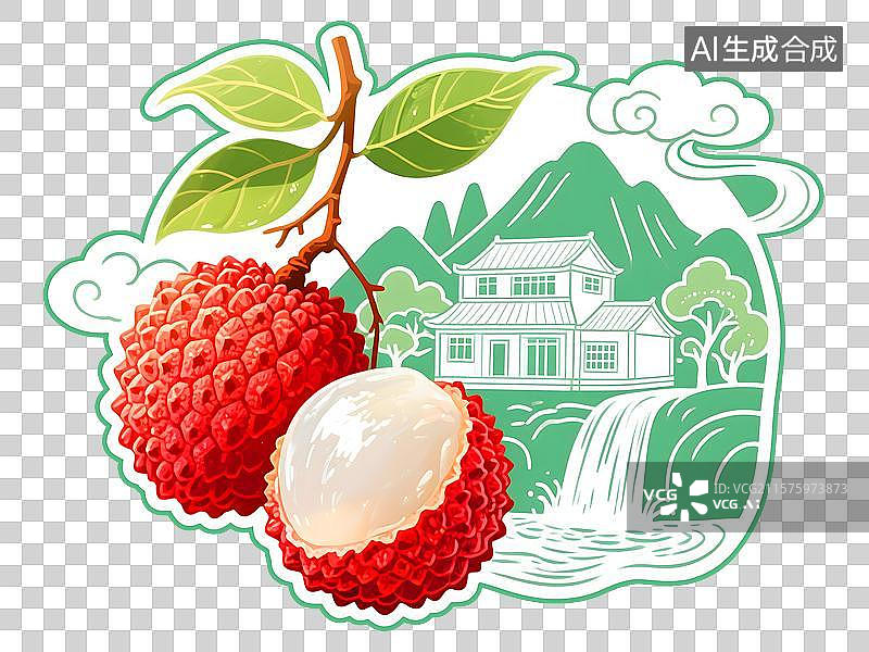 【AI数字艺术】荔枝串楼阁自然风景文创插画免抠元素图片素材