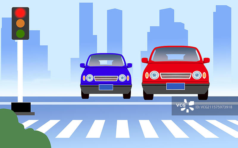 城市里停在交通灯前的汽车图片素材
