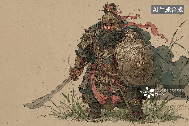 【AI数字艺术】一名古代将军，身披铠甲，戴着头盔图片素材