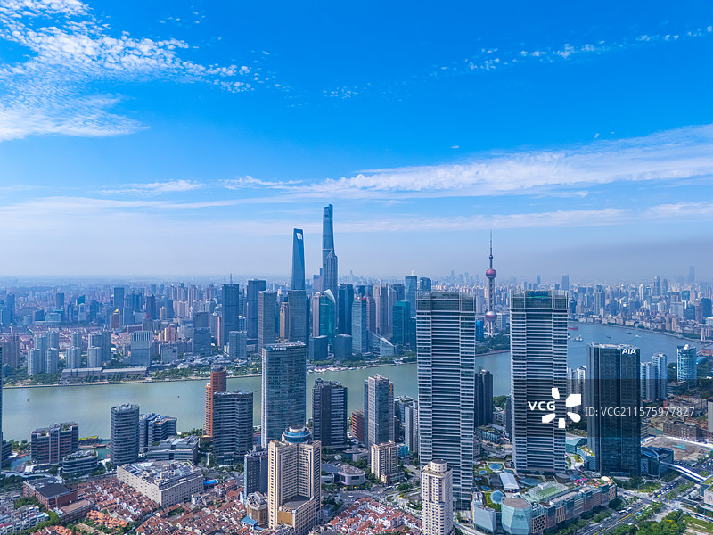 航拍上海北外滩和陆家嘴蓝天白云图片素材