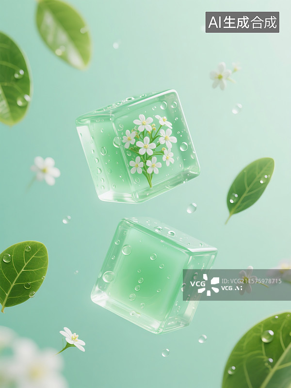 【AI数字艺术】3D渲染，薄荷绿为主色调，画面中悬浮两块通透立方体嵌入一朵完整的满天星小花图片素材