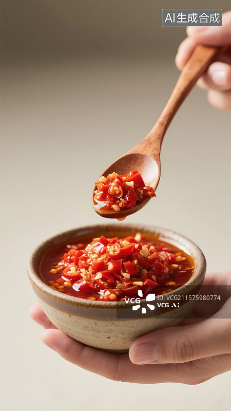【AI数字艺术】画面中，手托陶制碗，碗内盛着剁椒酱，木勺正舀起剁椒酱图片素材