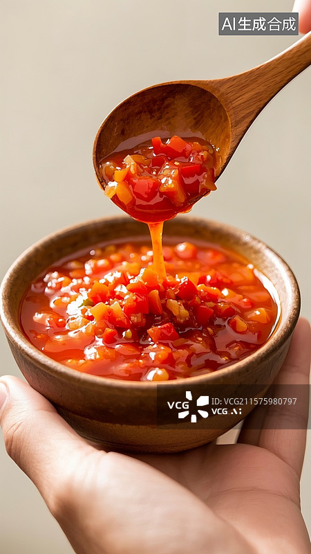 【AI数字艺术】画面中，手托陶制碗，碗内盛着剁椒酱，木勺正舀起剁椒酱图片素材