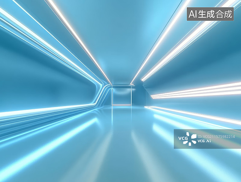 【AI数字艺术】蓝色光廊的未来科技感通道图片素材