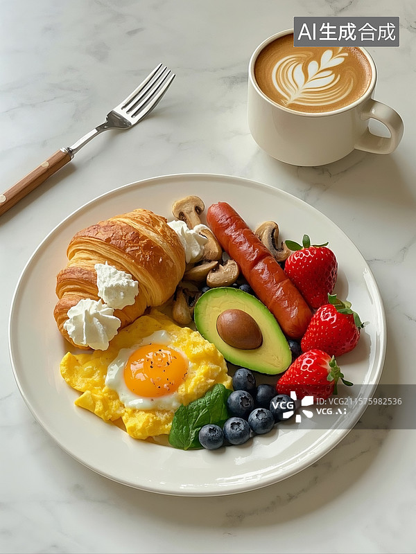 【AI数字艺术】西式早餐，白色圆盘，有草莓奶油可颂、炒蛋、香肠、牛油果、炒蘑菇、蓝莓和草莓，一杯拉花咖啡图片素材