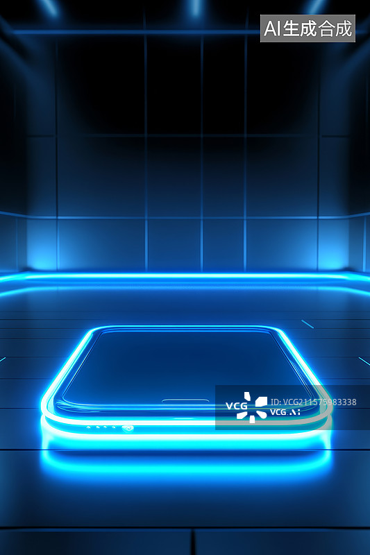 【AI数字艺术】未来科技感蓝色霓虹灯展示台图片素材