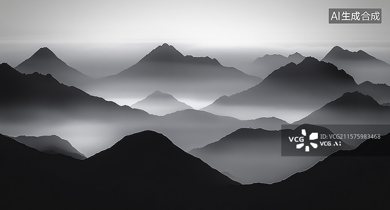 【AI数字艺术】层叠山峦在薄雾中若隐若现图片素材