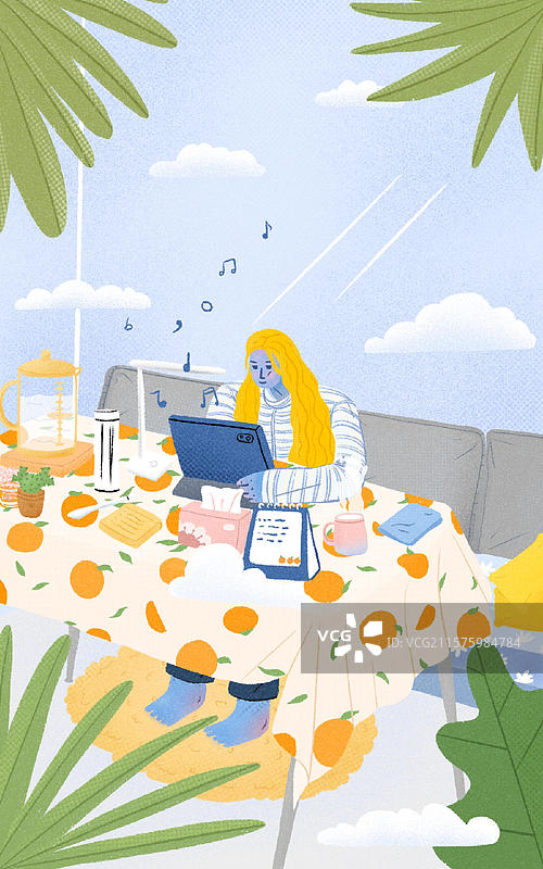 一根女生在家的休闲日常插画图片素材