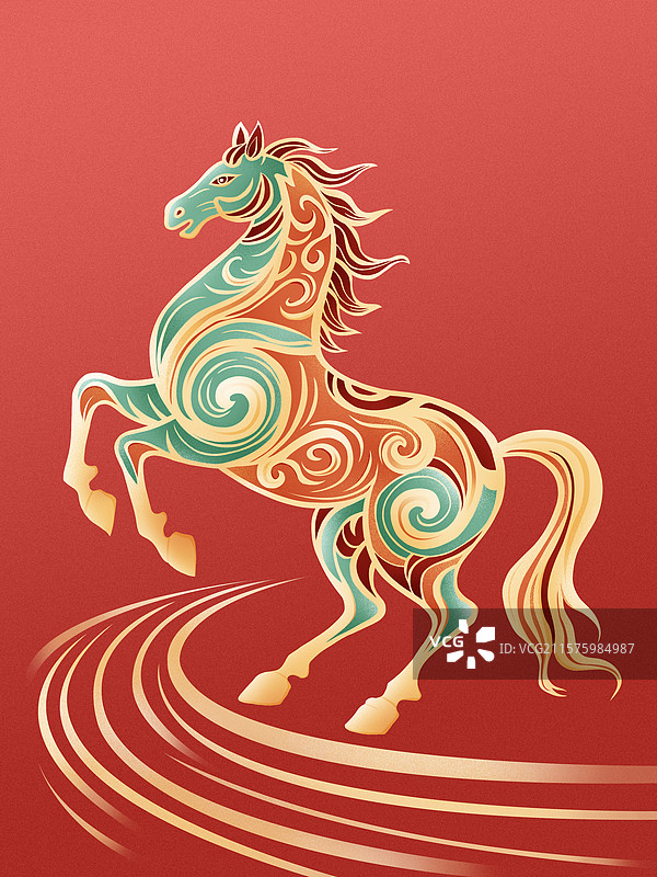 手绘马年插画一马当先红色战马喜庆春节马年图片素材