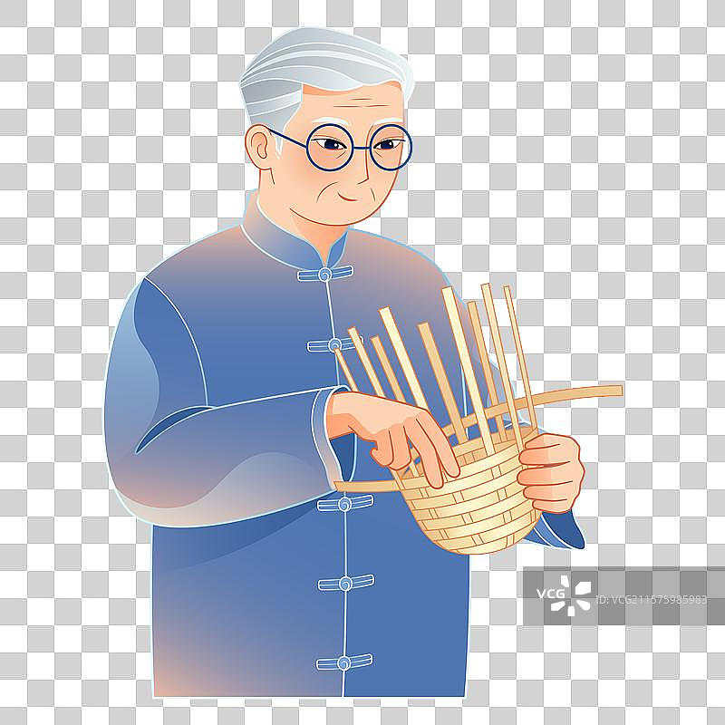 老人传统手工艺竹编插画元素图片素材