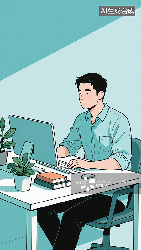 【AI数字艺术】坐在电脑前工作的男人扁平插画图片素材