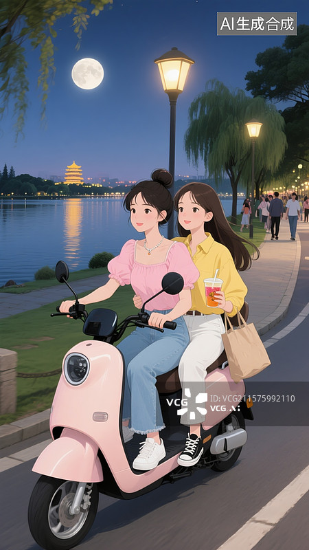 【AI数字艺术】两位年轻漂亮、打扮时尚的女孩，下班路上骑着电动车图片素材