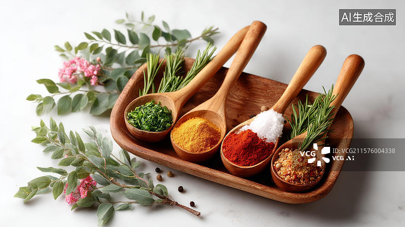 【AI数字艺术】木质调味勺盛放各种香料图片素材