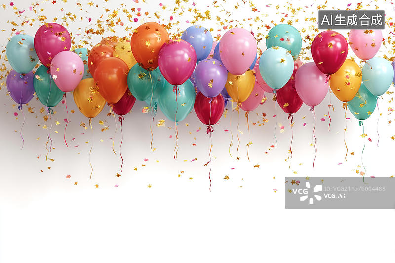 【AI数字艺术】五彩缤纷气球和彩带庆祝背景图片素材