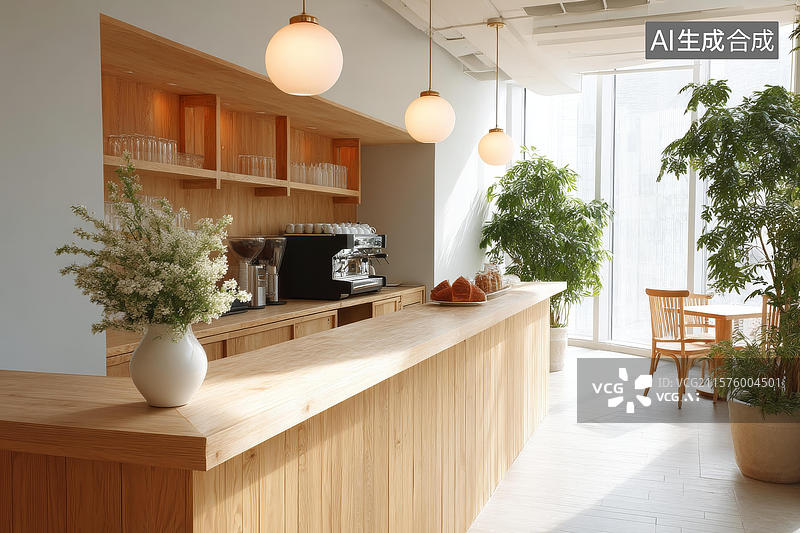 【AI数字艺术】明亮的原木色咖啡厅图片素材