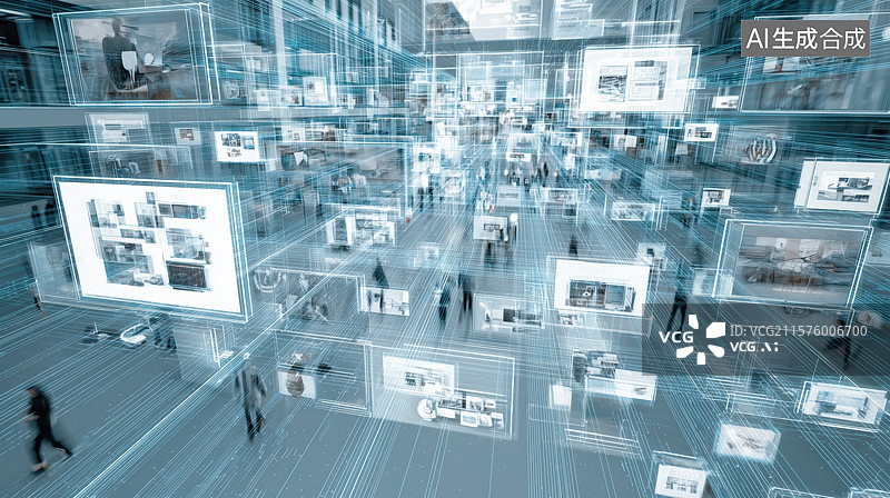 【AI数字艺术】科技感可视化显示屏时代商场车站人物动感模糊背景图片素材