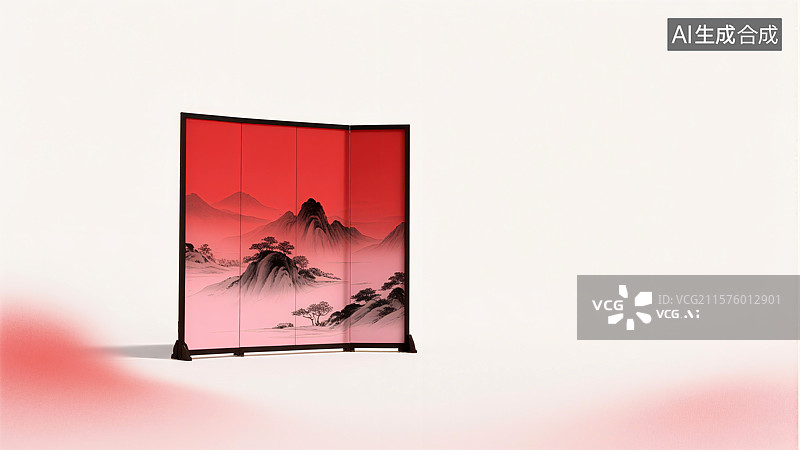 【AI数字艺术】红色背景上的山水画屏风，展现了山峦松树与云雾缭绕的景象图片素材