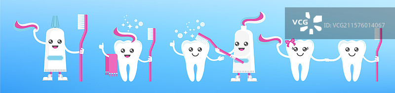 有趣可爱的微笑和伤心的牙齿角色牙科图片素材