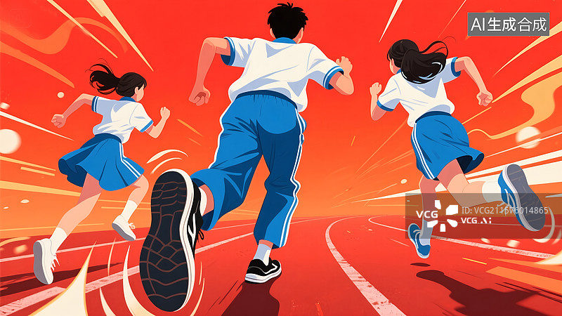 【AI数字艺术】教育高考冲刺金榜题名学校操场前进的道路，几个男生女生努力奔跑的背影图片素材