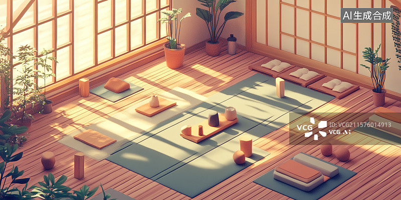 【AI数字艺术】瑜伽教室三维场景图片素材