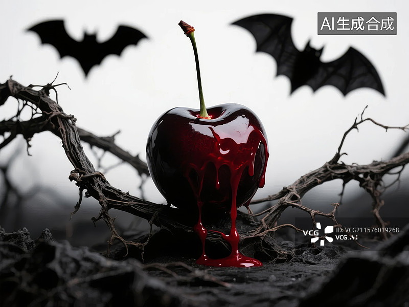 【AI数字艺术】滴血樱桃与蝙蝠的神秘场景图片素材