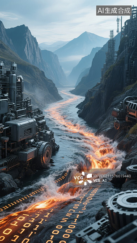 【AI数字艺术】未来工业峡谷，数据河流贯穿图片素材