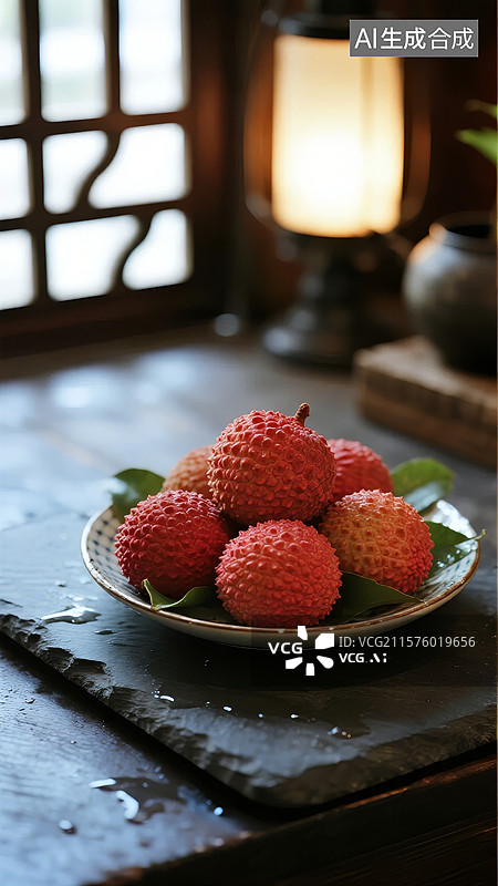 【AI数字艺术】新鲜荔枝置于古风桌面图片素材