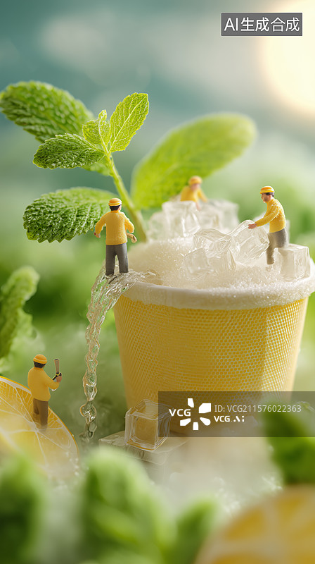 【AI数字艺术】微型工人在柠檬饮品上工作图片素材