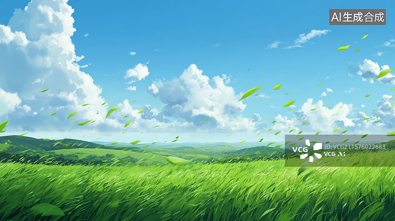 【AI数字艺术】绿野蓝天，微风轻拂图片素材